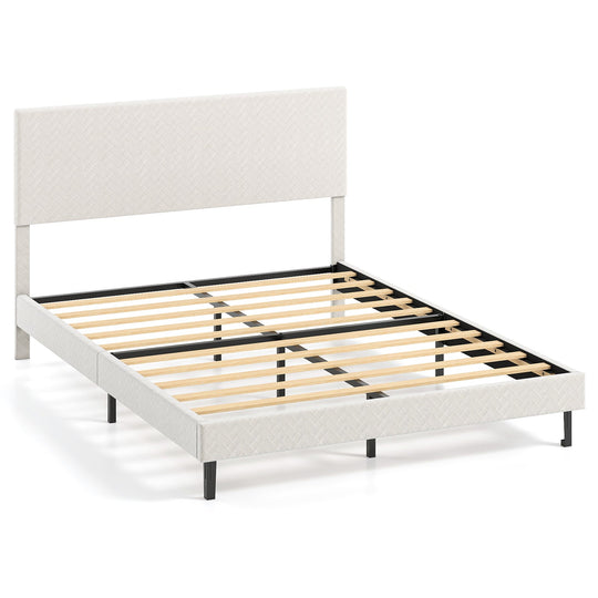 Twin/Full/Queen Size Velvet Bed Frame Upholstered Platform Bed with Chevron Headboard Beige