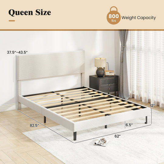 Twin/Full/Queen Size Velvet Bed Frame Upholstered Platform Bed with Chevron Headboard Beige