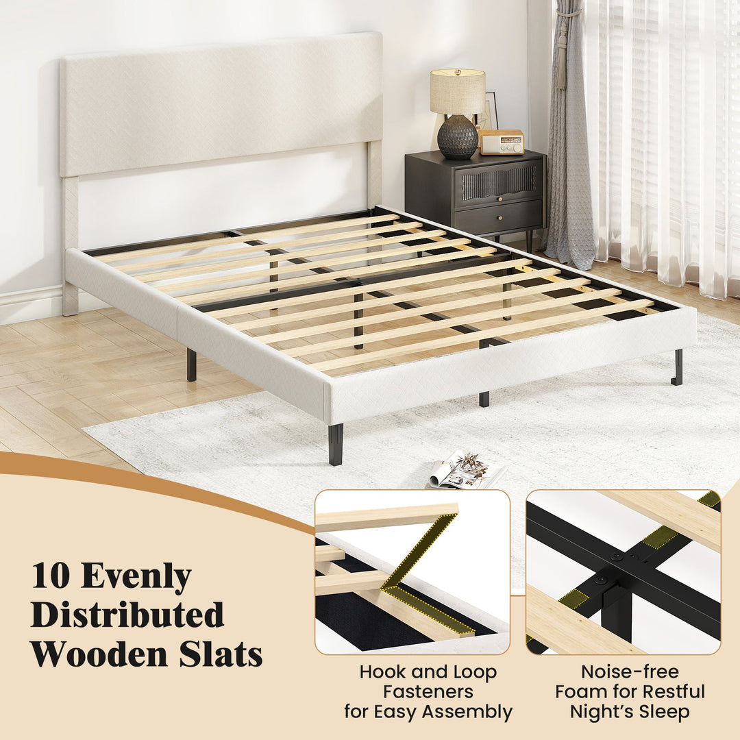 Twin/Full/Queen Size Velvet Bed Frame Upholstered Platform Bed with Chevron Headboard Beige