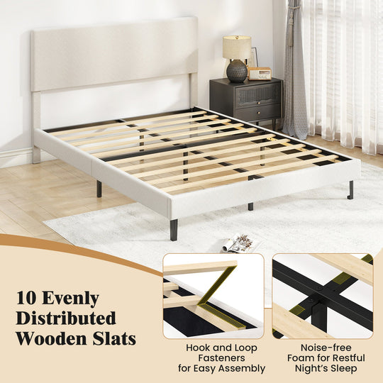 Twin/Full/Queen Size Velvet Bed Frame Upholstered Platform Bed with Chevron Headboard Beige