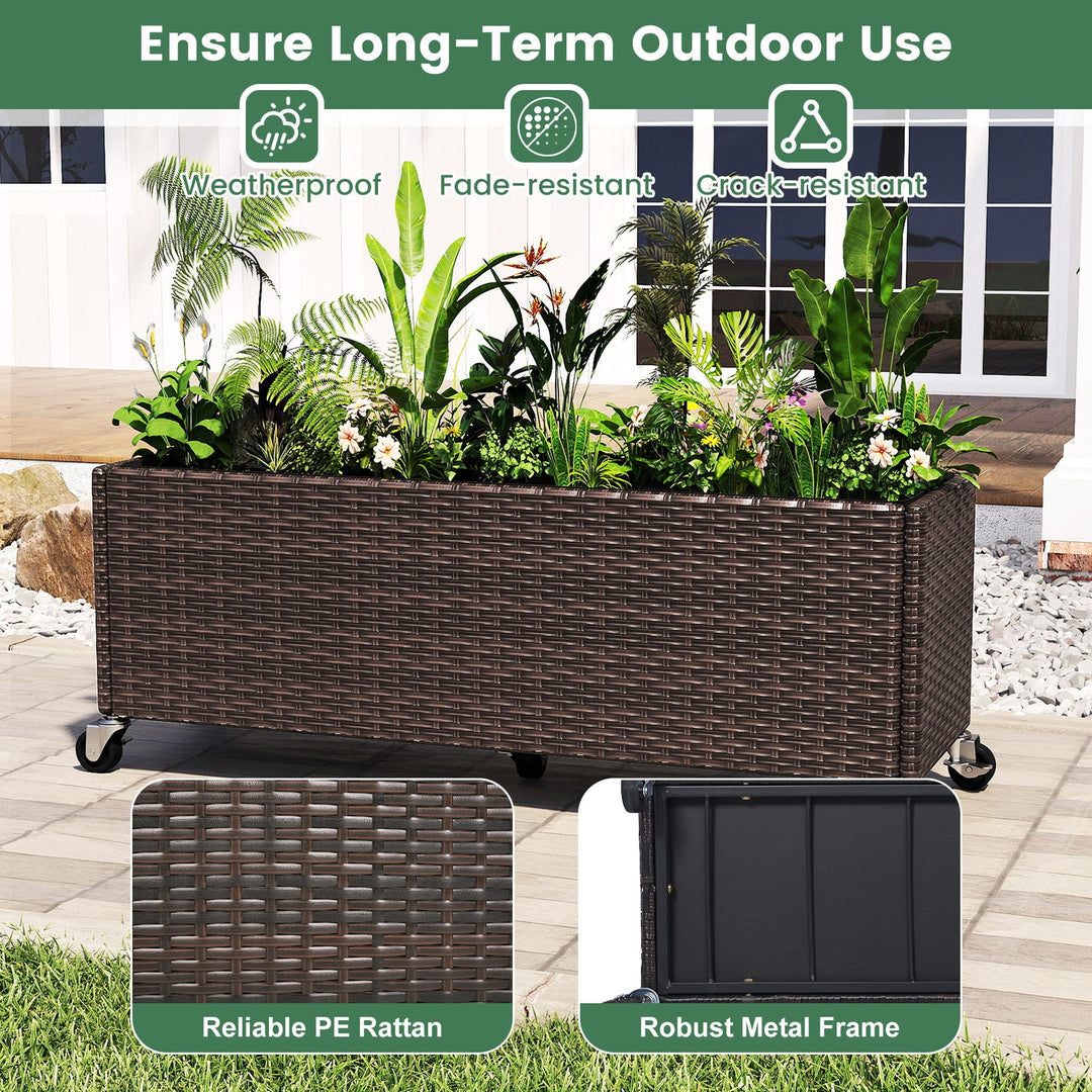Raised Garden Bed PE Rattan Wicker Patio Planter Box with Wheels and Liner