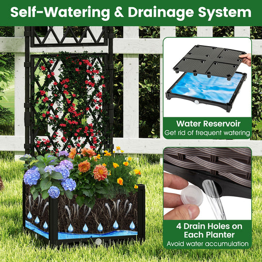 Raised Garden Bed with Lattice Trellis Drainage Self-Watering Elevated Vertical Planter Boxes-Black