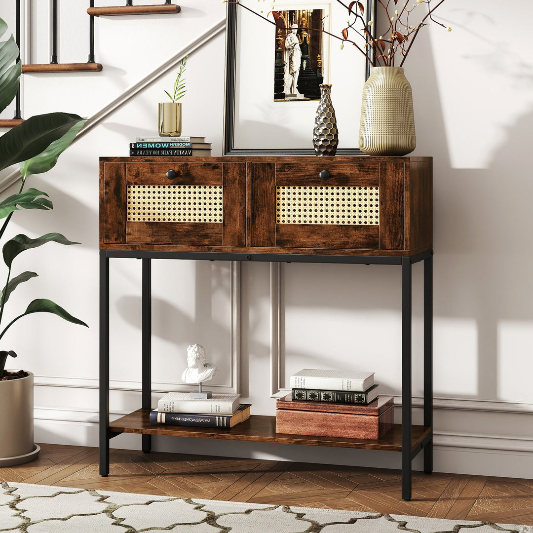 Rattan Console Table Boho Entryway Table with 2 Rattan Drawers and Open Storage Shelf