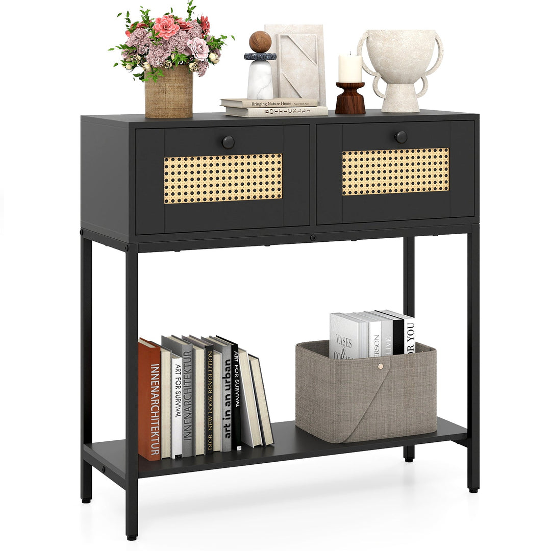 Rattan Console Table Boho Entryway Table with 2 Rattan Drawers and Open Storage Shelf