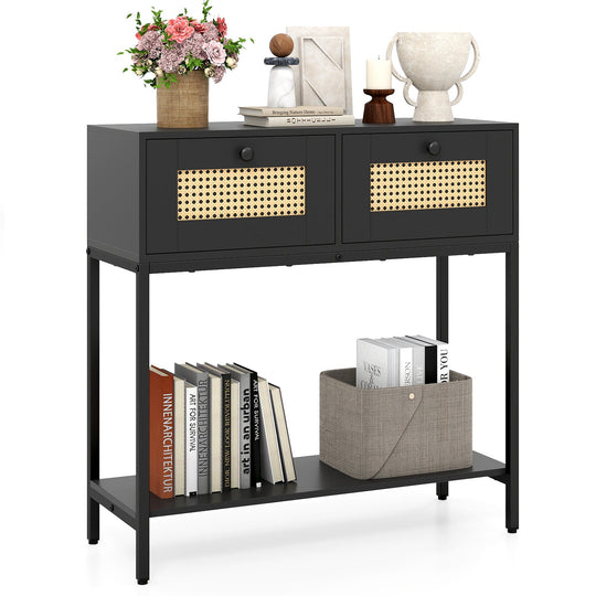 Rattan Console Table Boho Entryway Table with 2 Rattan Drawers and Open Storage Shelf