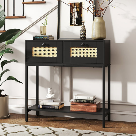 Rattan Console Table Boho Entryway Table with 2 Rattan Drawers and Open Storage Shelf