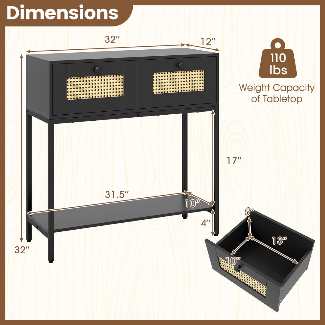Rattan Console Table Boho Entryway Table with 2 Rattan Drawers and Open Storage Shelf