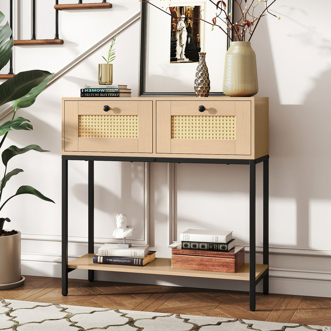 Rattan Console Table Boho Entryway Table with 2 Rattan Drawers and Open Storage Shelf