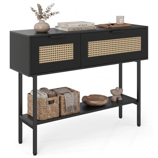 Rattan Console Table with 2 Storage Cabinets Shelf Carbon Steel Frame