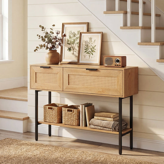 Rattan Console Table with 2 Storage Cabinets Shelf Carbon Steel Frame