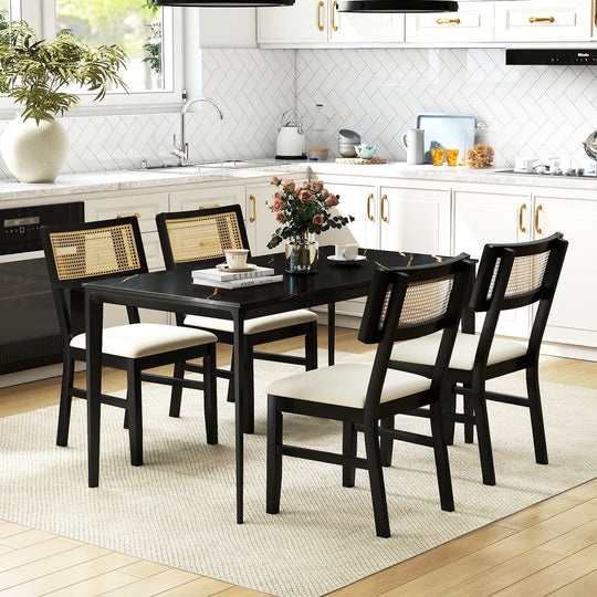 Rattan Dining Chairs Set of 2 Fabric Upholstered Kitchen Chairs with Padded Seat and Rubber Wood Legs-Black