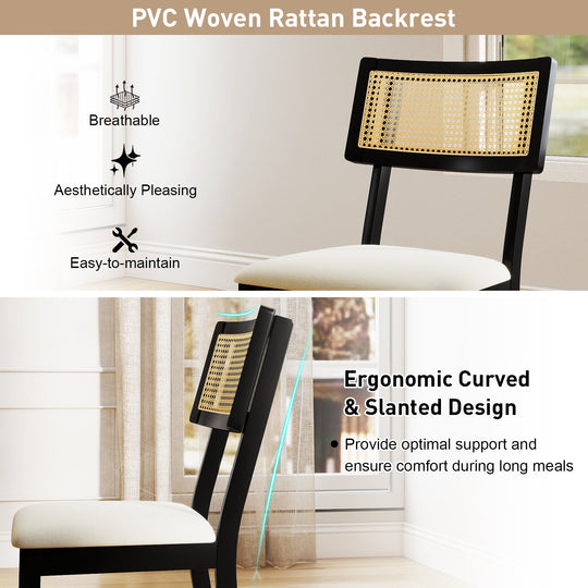 Rattan Dining Chairs Set of 2 Fabric Upholstered Kitchen Chairs with Padded Seat and Rubber Wood Legs-Black
