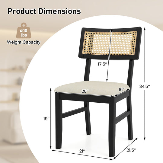 Rattan Dining Chairs Set of 2 Fabric Upholstered Kitchen Chairs with Padded Seat and Rubber Wood Legs-Black