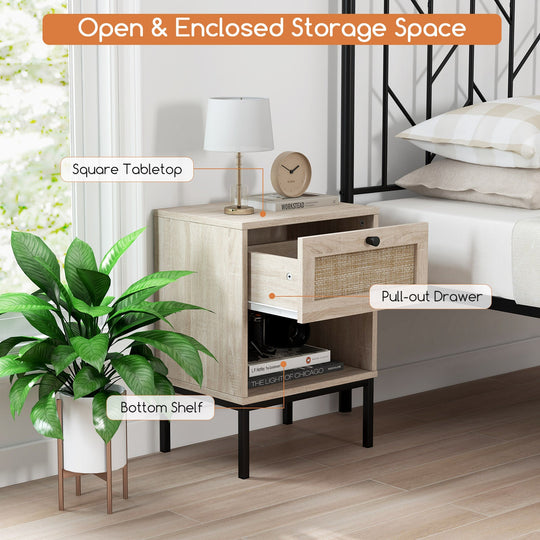 Rattan Nightstand Boho End Table with Rattan Drawer and Open Shelf
