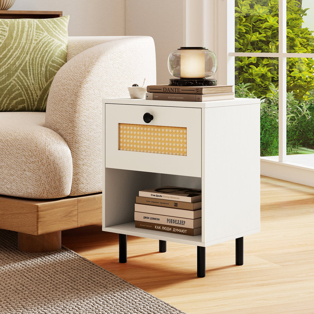 Rattan Nightstand Boho End Table with Rattan Drawer and Open Shelf