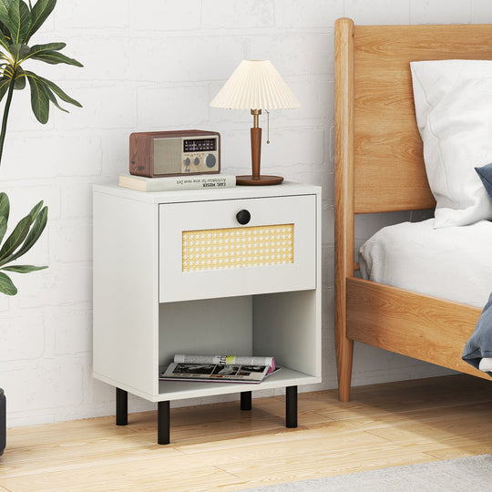 Rattan Nightstand Boho End Table with Rattan Drawer and Open Shelf