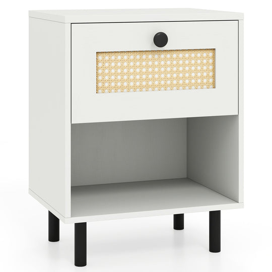 Rattan Nightstand Boho End Table with Rattan Drawer and Open Shelf
