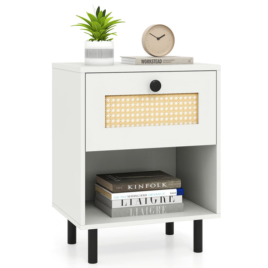 Rattan Nightstand Boho End Table with Rattan Drawer and Open Shelf