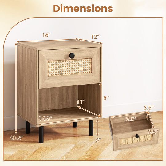 Rattan Nightstand Boho End Table with Rattan Drawer and Open Shelf