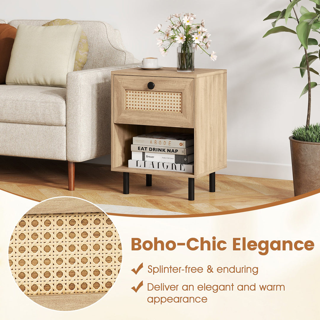 Rattan Nightstand Boho End Table with Rattan Drawer and Open Shelf