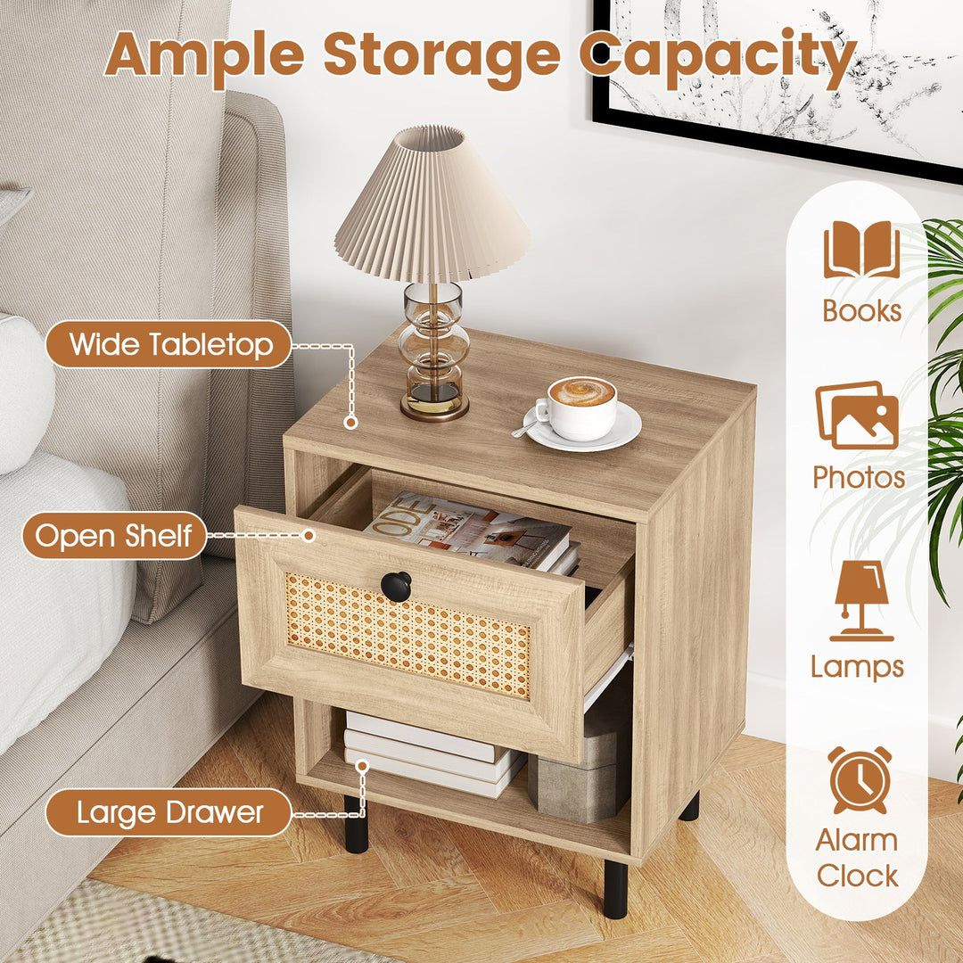 Rattan Nightstand Boho End Table with Rattan Drawer and Open Shelf