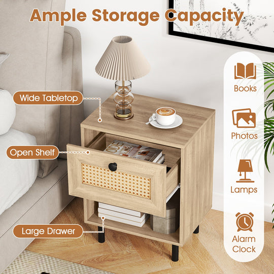 Rattan Nightstand Boho End Table with Rattan Drawer and Open Shelf