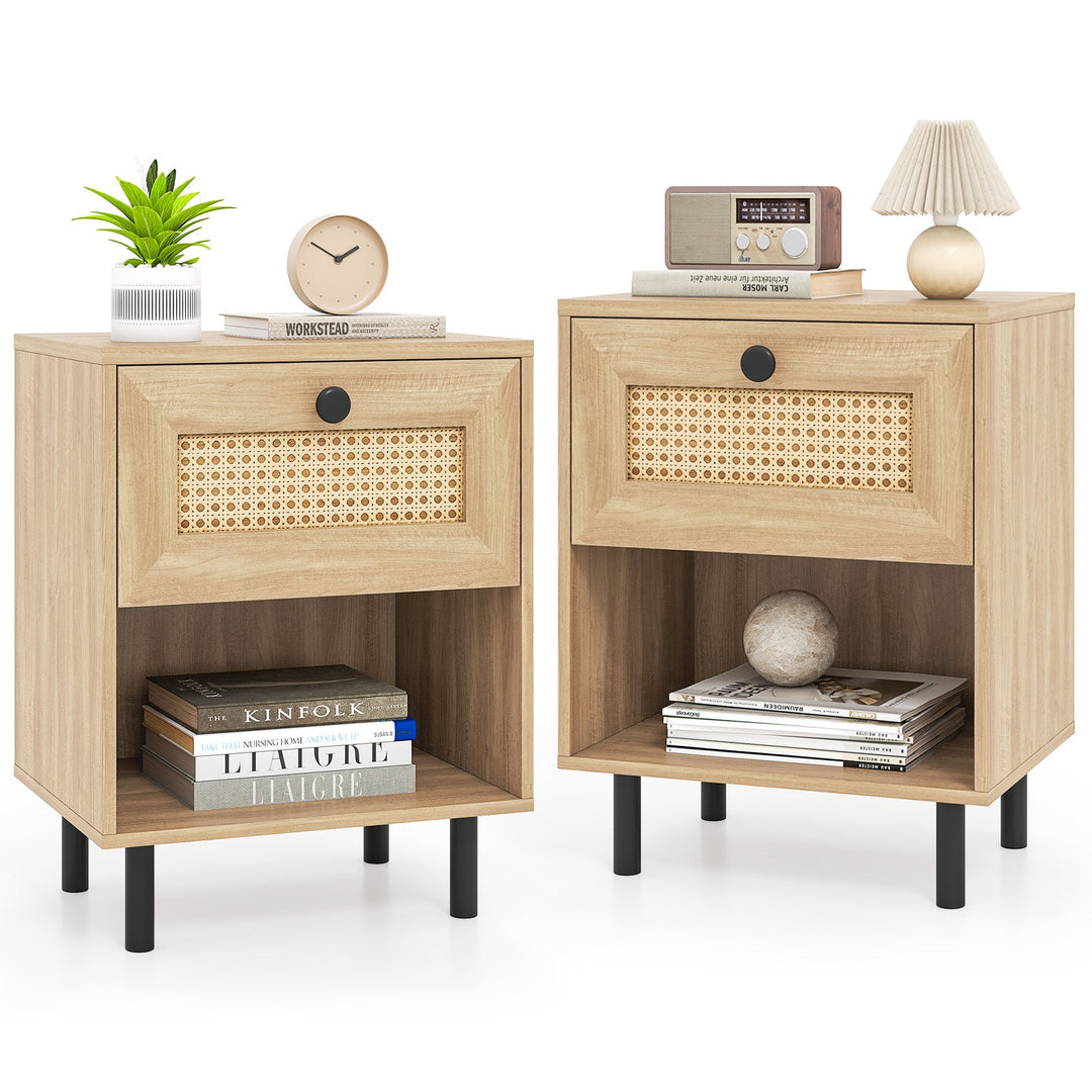 Rattan Nightstand Boho End Table with Rattan Drawer and Open Shelf Set of 2