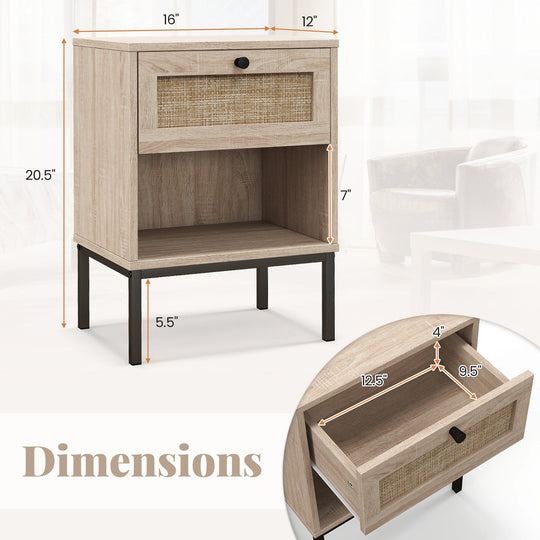 Rattan Nightstand Boho End Table with Rattan Drawer and Open Shelf Set of 2