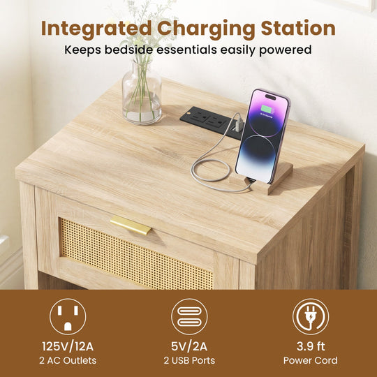 Rattan Nightstand with Charging Station and Storage Shelf for Bedroom