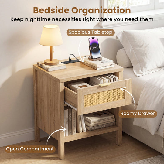 Rattan Nightstand with Charging Station and Storage Shelf for Bedroom