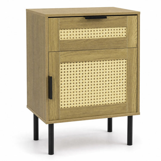 Rattan Nightstand with Drawer and Storage Cabinet