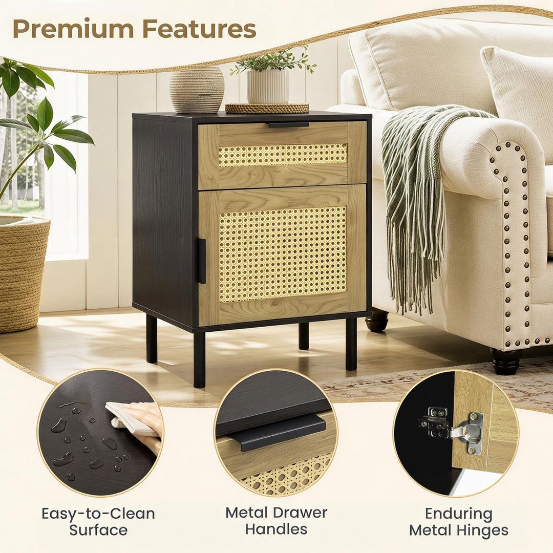 Rattan Nightstand with Drawer and Storage Cabinet