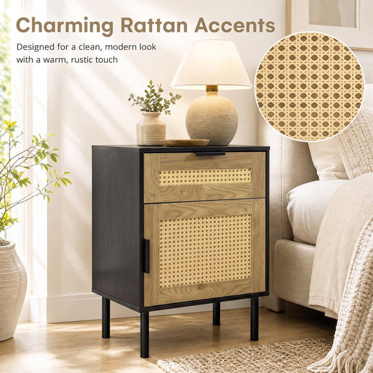 Rattan Nightstand with Drawer and Storage Cabinet