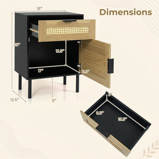 Rattan Nightstand with Drawer and Storage Cabinet