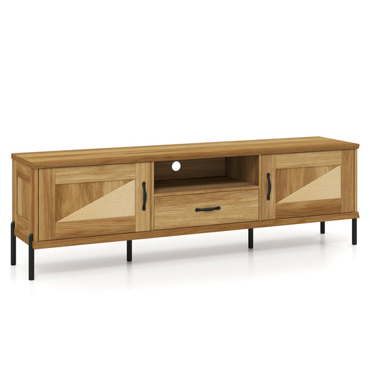 Rattan TV Stand for TVs up to 80" Mid Century Modern Media Console Table with 2 Storage Cabinets