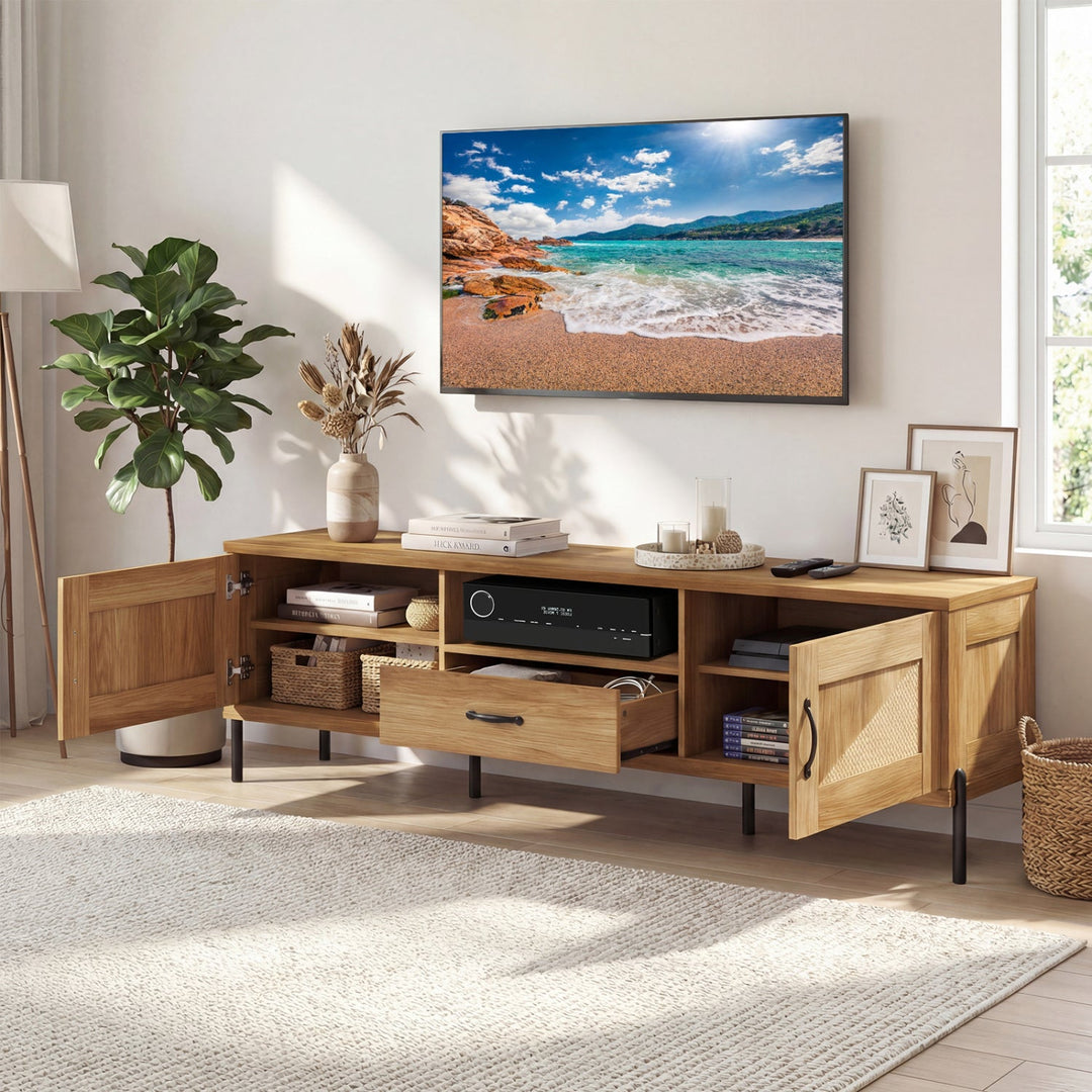 Rattan TV Stand for TVs up to 80" Mid Century Modern Media Console Table with 2 Storage Cabinets