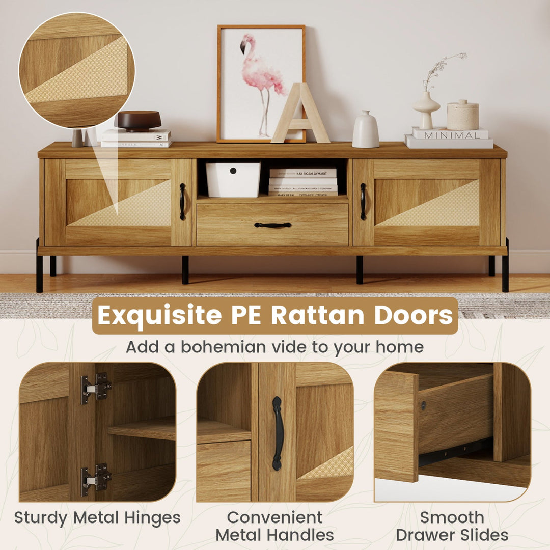 Rattan TV Stand for TVs up to 80" Mid Century Modern Media Console Table with 2 Storage Cabinets
