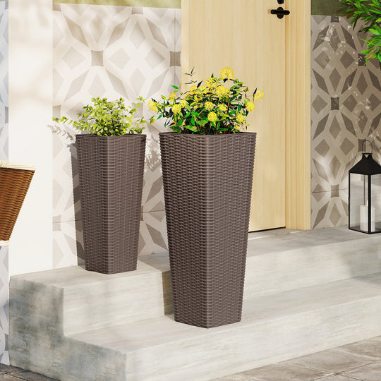 Rattan Tall Planter Set of 2 Outdoor Large Tapered Planters with Removable Inner Trays