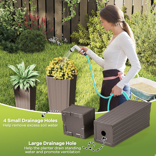 Rattan Tall Planter Set of 2 Outdoor Large Tapered Planters with Removable Inner Trays
