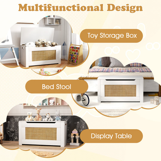 Kids Rattan Toy Storage Box with Flip Top Lid and Safety Hinge Handles-White