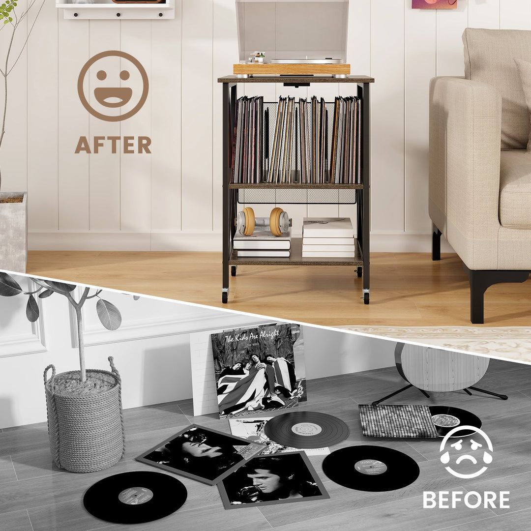 Mid-Century Record Player Stand with Built-in Charging Station