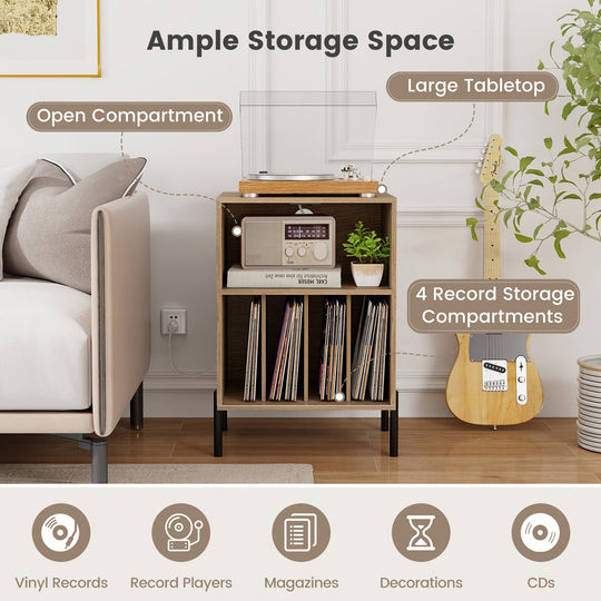 Record Player Stand with Record Storage Shelf and Charging Station
