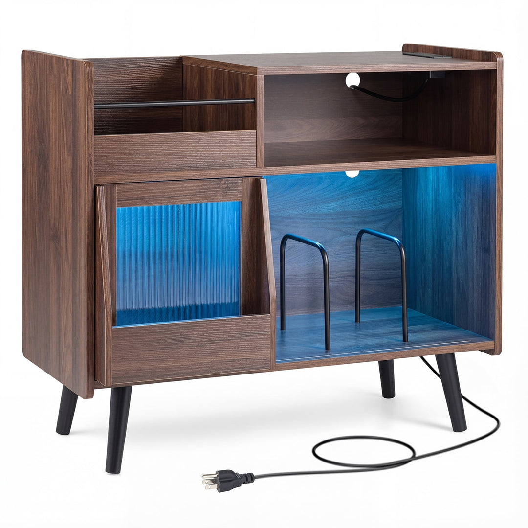 Record Player Stand with LED Light and Power Outlets Large Turntable Stand with Sliding Door-Brown