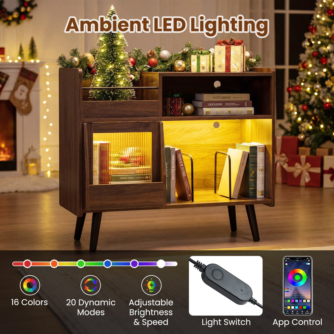 Record Player Stand with LED Light and Power Outlets Large Turntable Stand with Sliding Door-Brown
