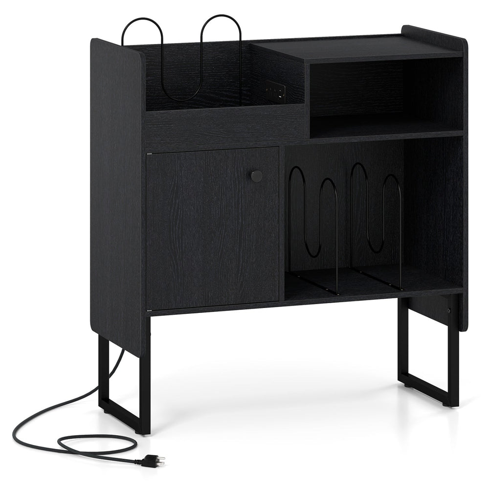 Record Player Stand with Power Outlets and Vinyl Storage Holder up to 250 Albums