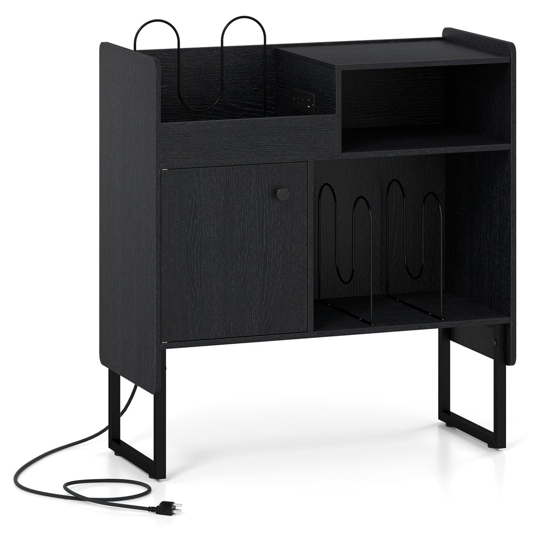 Record Player Stand with Power Outlets and Vinyl Storage Holder up to 250 Albums