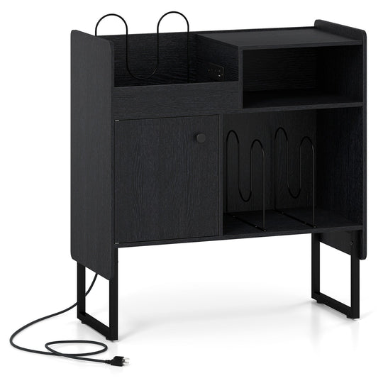 Record Player Stand with Power Outlets and Vinyl Storage Holder up to 250 Albums