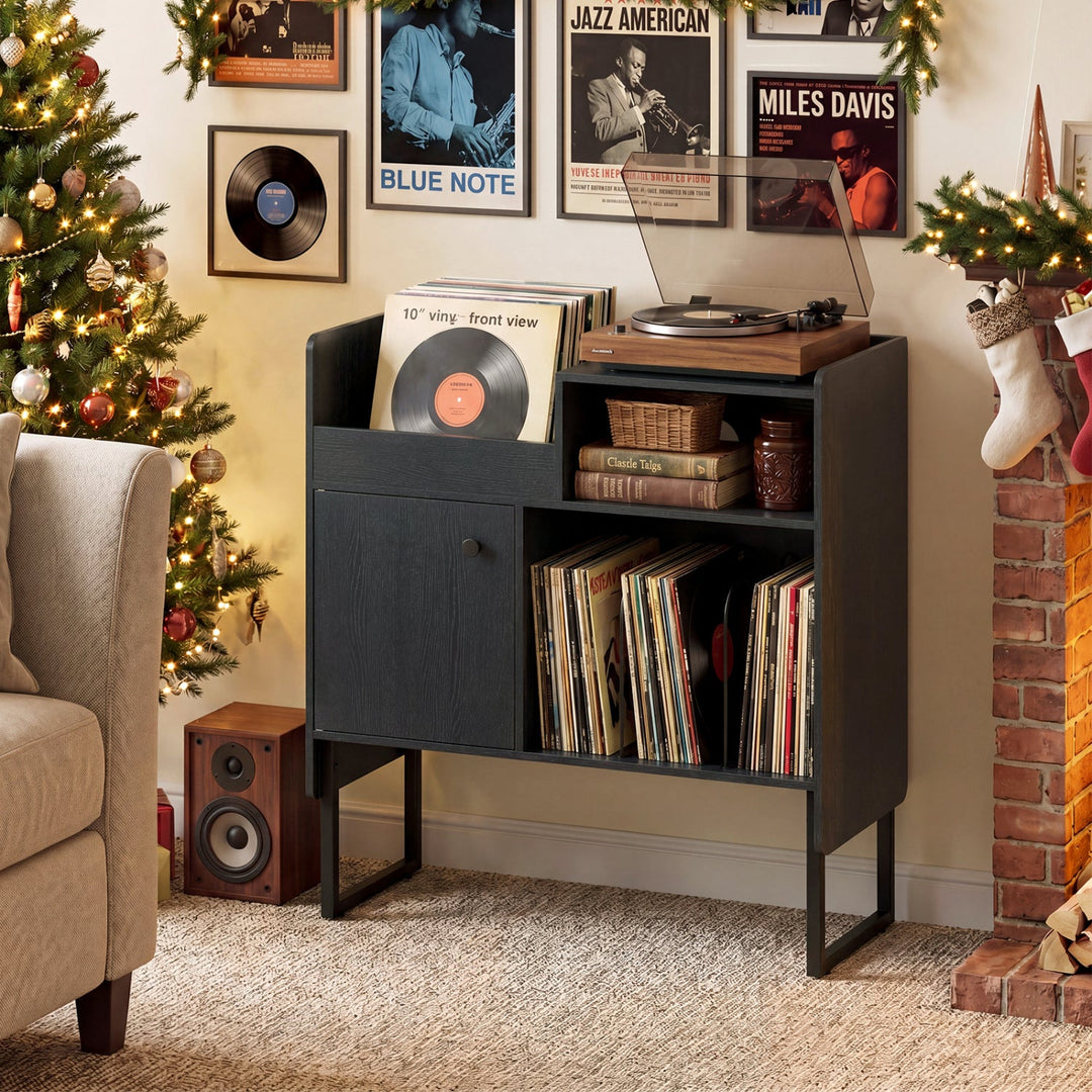 Record Player Stand with Power Outlets and Vinyl Storage Holder up to 250 Albums