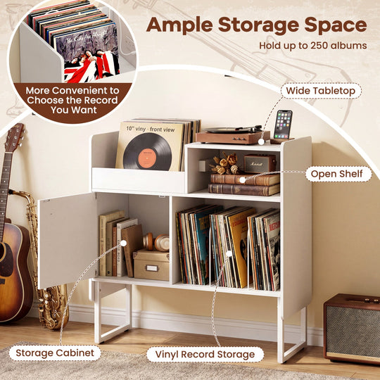 Record Player Stand with Power Outlets and Vinyl Storage Holder up to 250 Albums