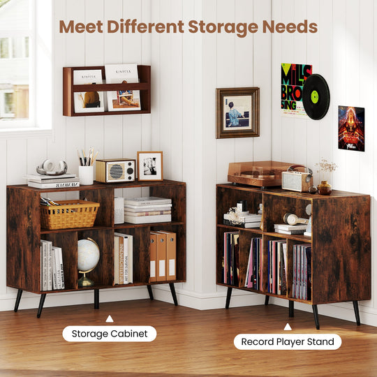 Record Player Stand with Charging Station and Open Shelves-Rustic Brown